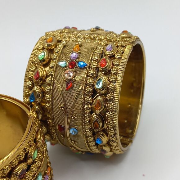 Vintage Mesh Hinged Wide, Gold Tone, Rhinestone Bangle Bracelet Pair - Picture 6 of 9